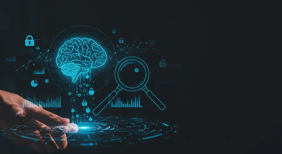 Conceptual image representing behavioral analytics in cybersecurity, with data streams flowing into a brain icon or a magnifying glass over network graphs, symbolizing analysis and threat detection in a Zero Trust environment.
