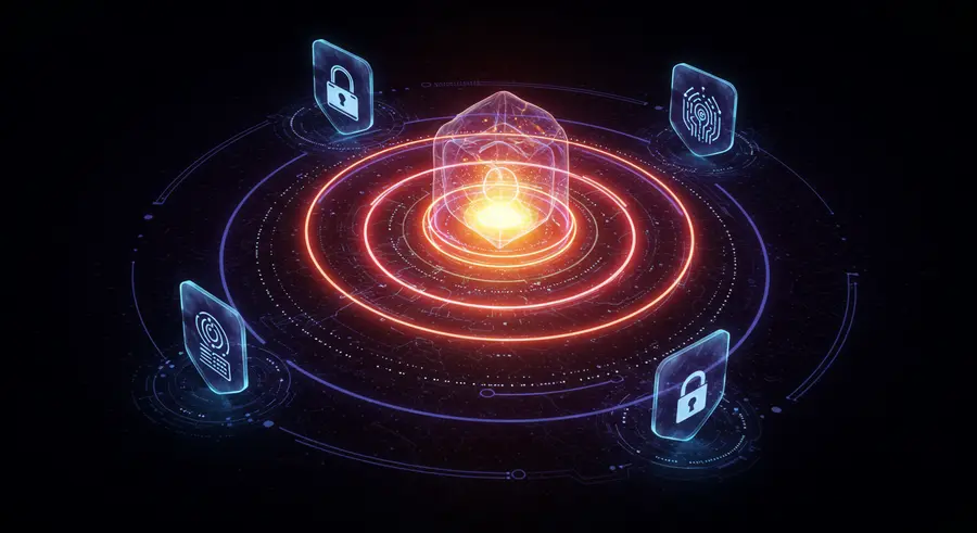 Conceptual image of Zero Trust principles applied to personal cybersecurity, showing a secure digital identity with multiple layers of verification protecting personal data and devices.